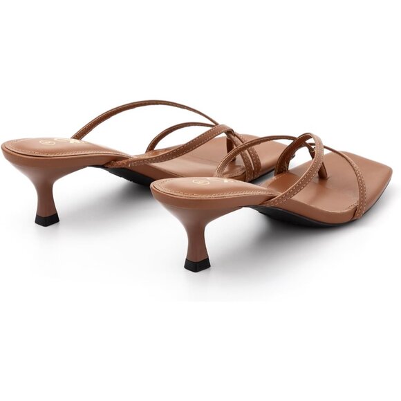 Athlefit Women's Brown Polyurethane Square Open Toe Kitten Heels Thong Sandals - Picture 5 of 6